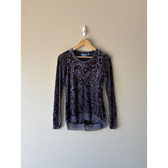 vera wang indigo velour burn out velvet sheer long sleeve top - Picture 1 of 6